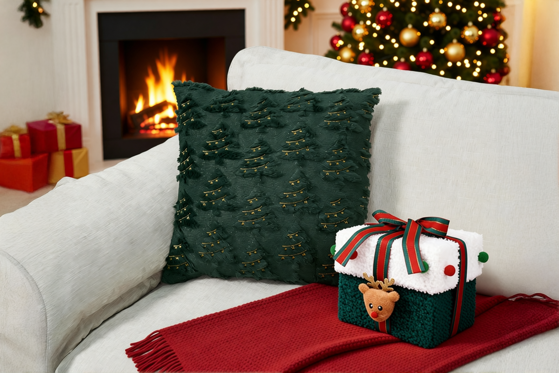 Cozy Christmas Green Tree Throw Pillow