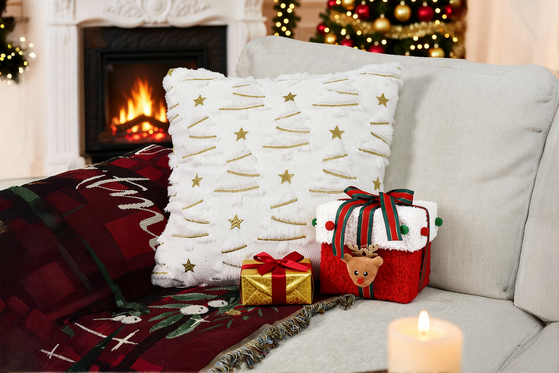 Cozy Christmas Gold Tree Throw Pillow