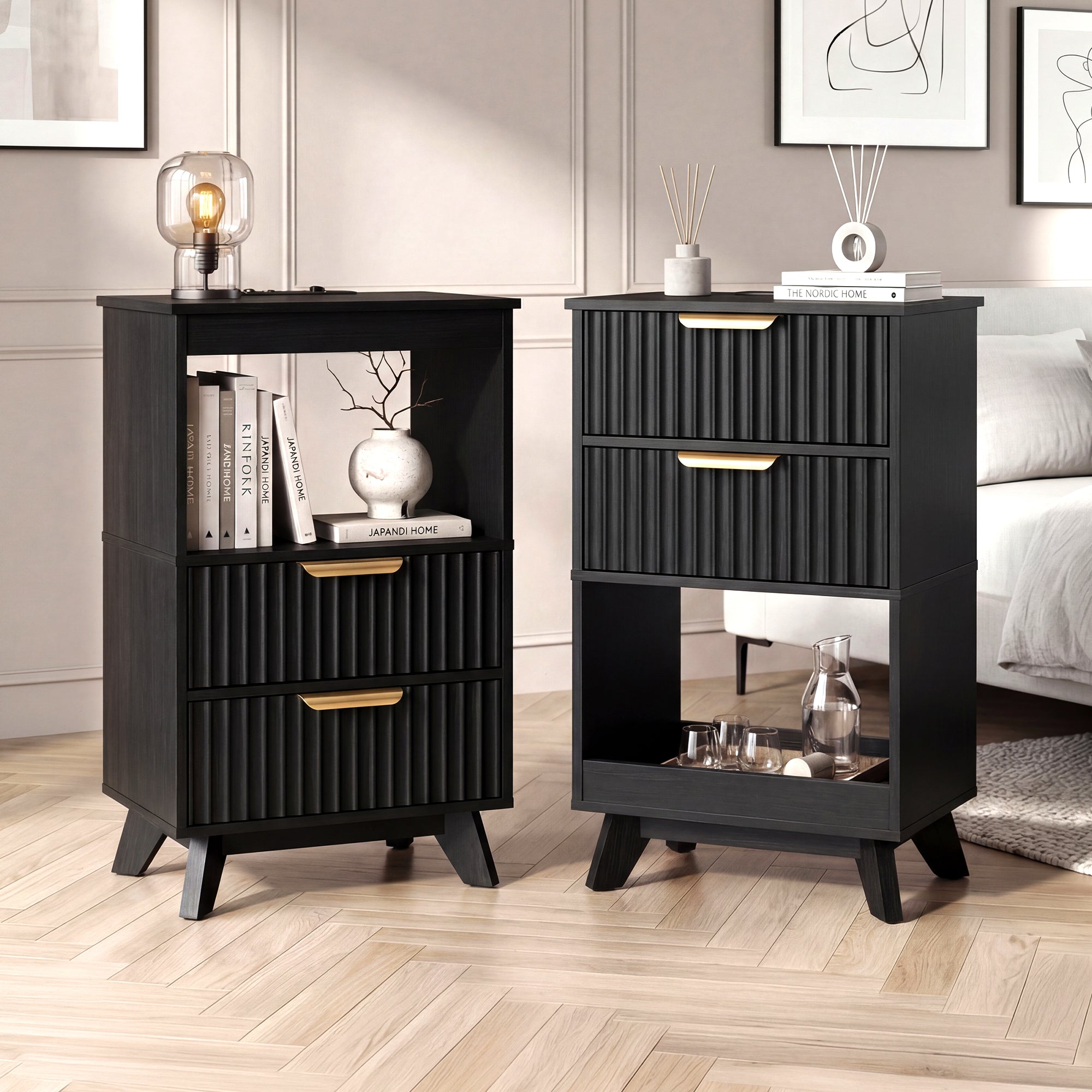 Avelia Fluted Wood Nightstand with Built-in Charging Station