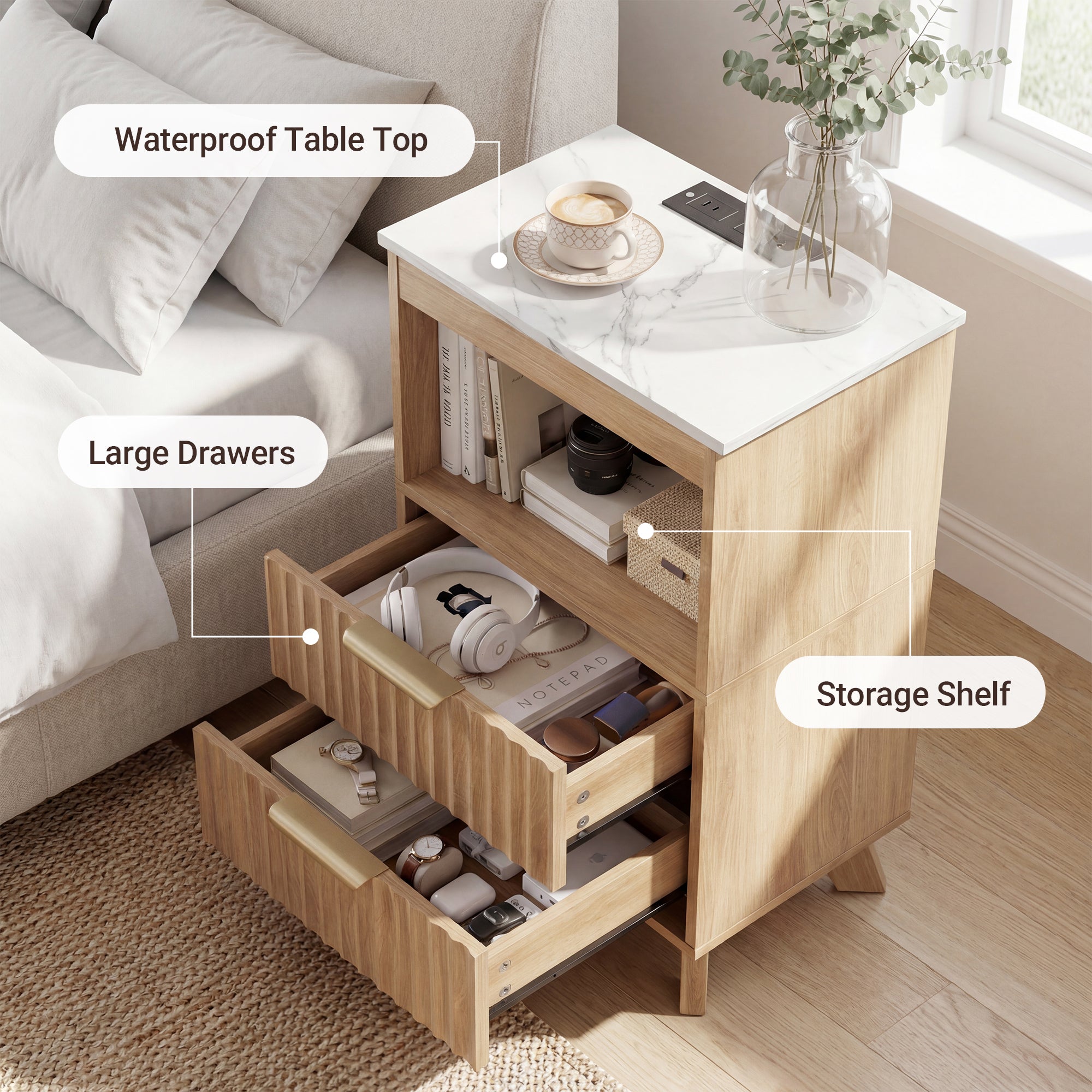 Avelia Fluted Wood Nightstand with Built-in Charging Station