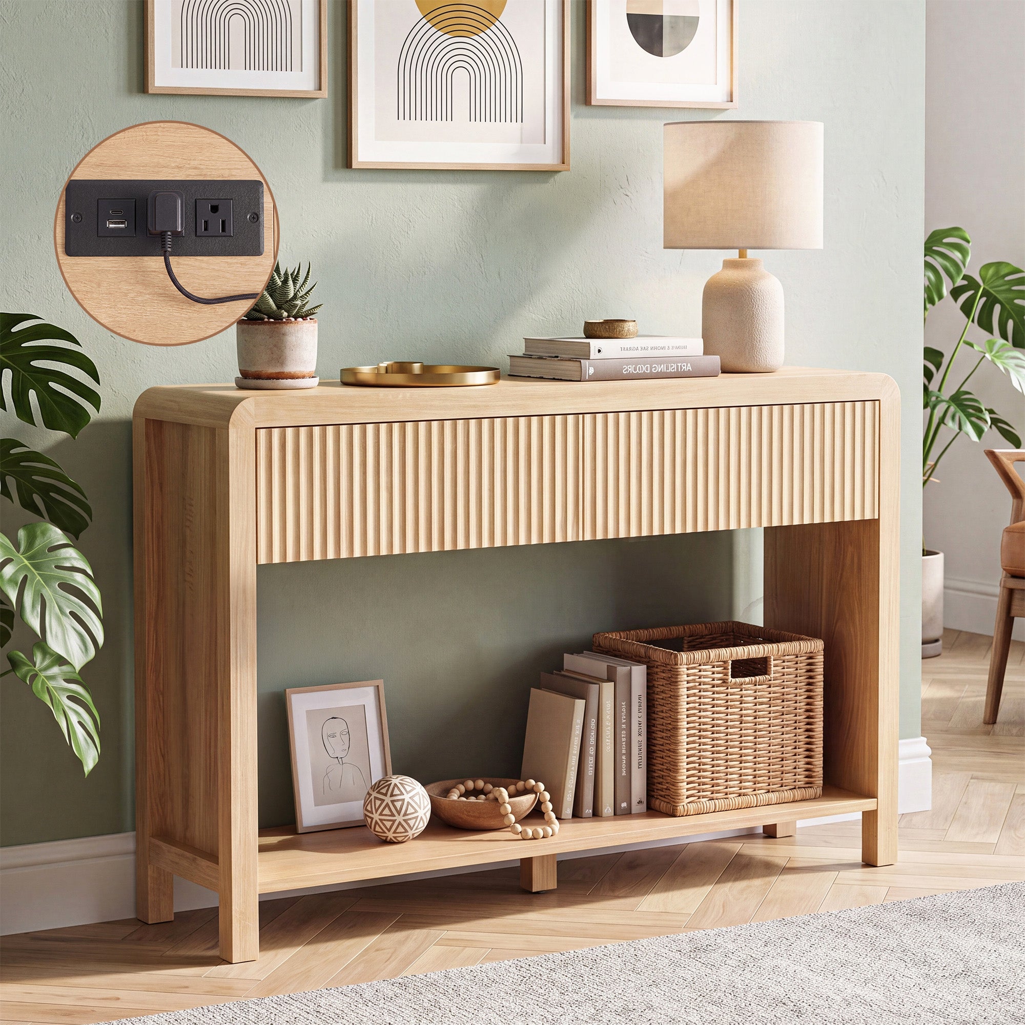 Avelia Fluted Wood Console Table with Built-in Charging Station