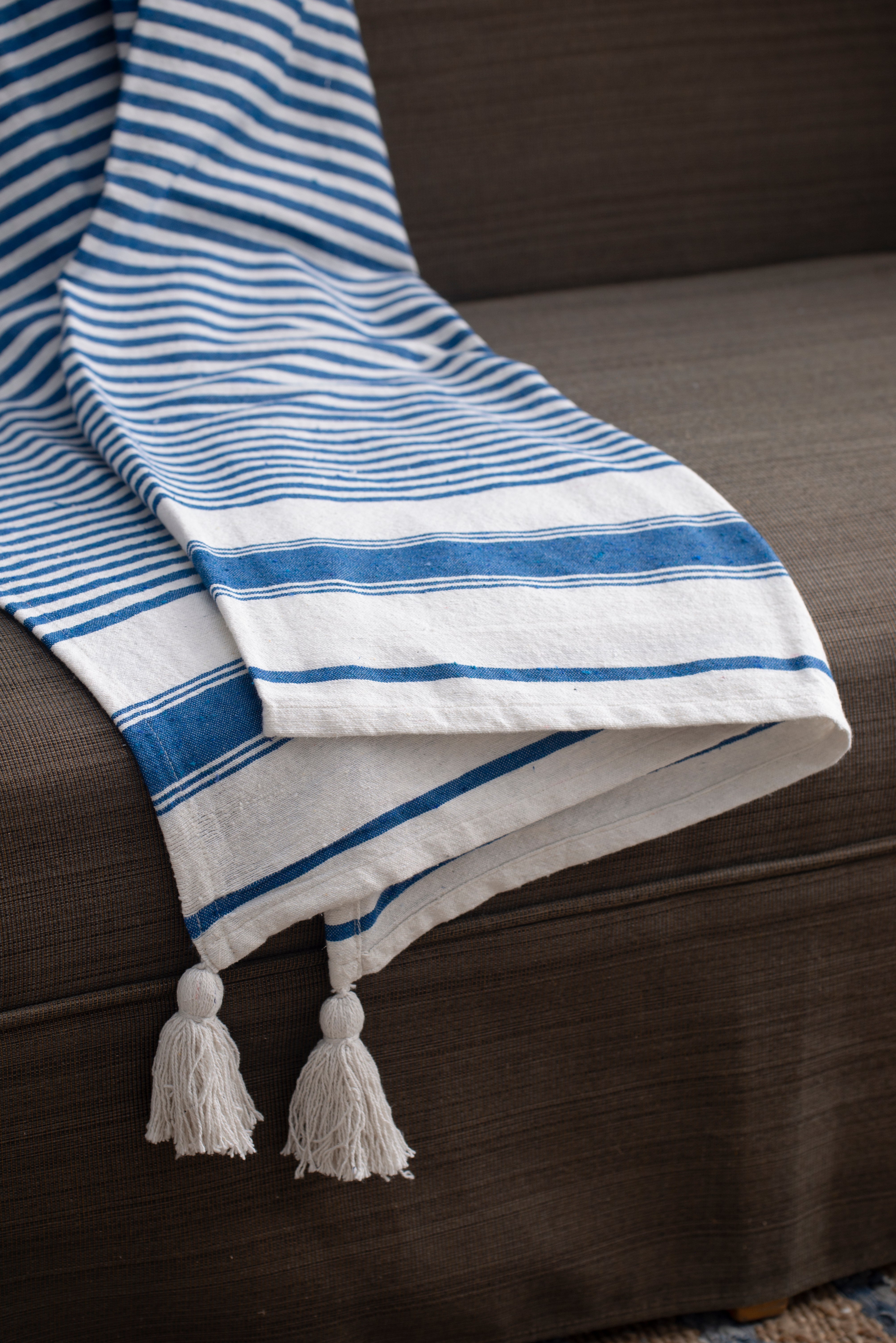 Classic Blue Stripe Tassel Throw