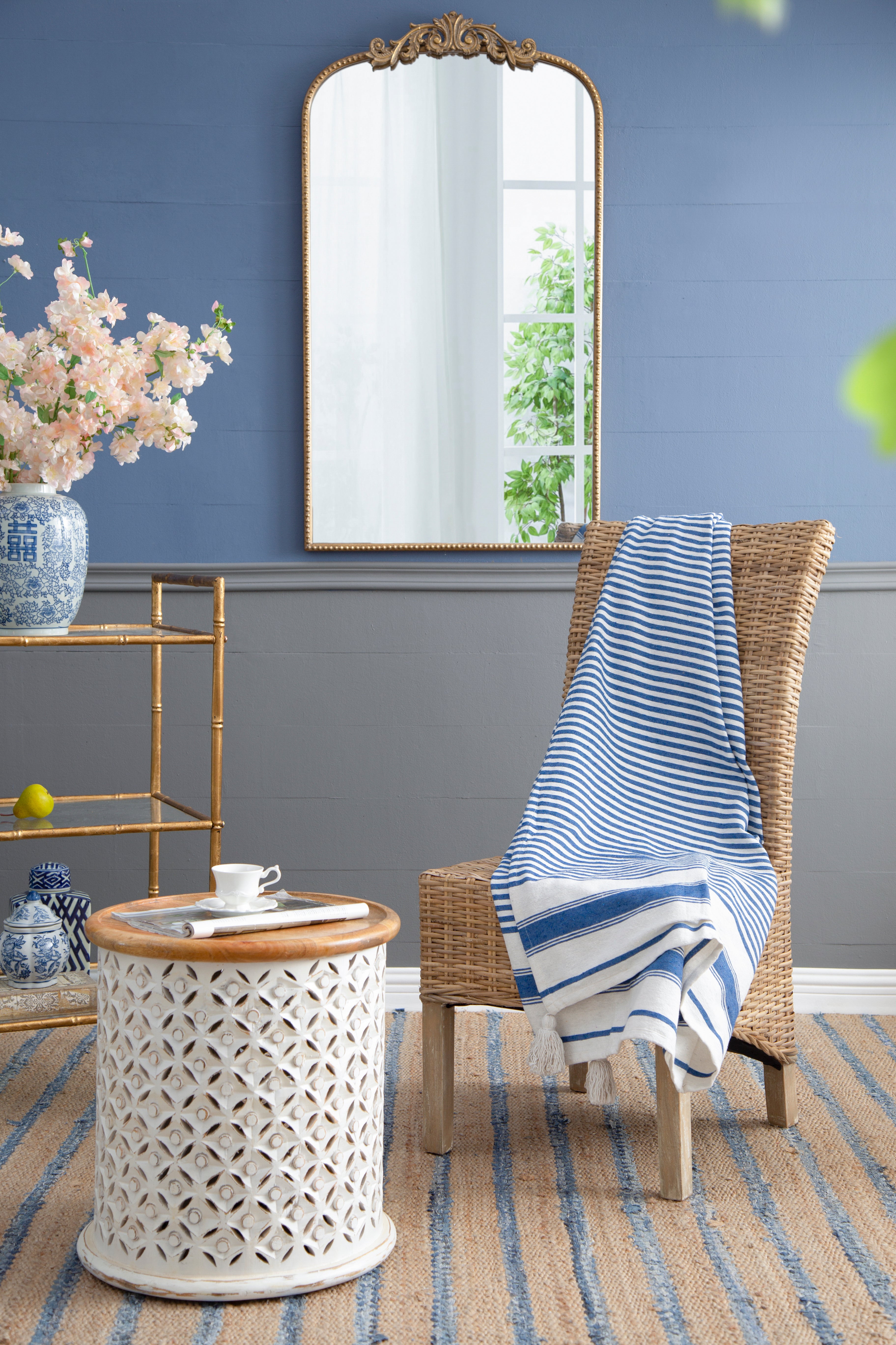 Classic Blue Stripe Tassel Throw