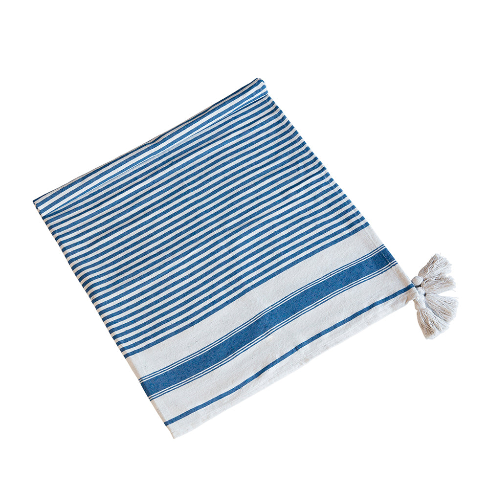 Classic Blue Stripe Tassel Throw