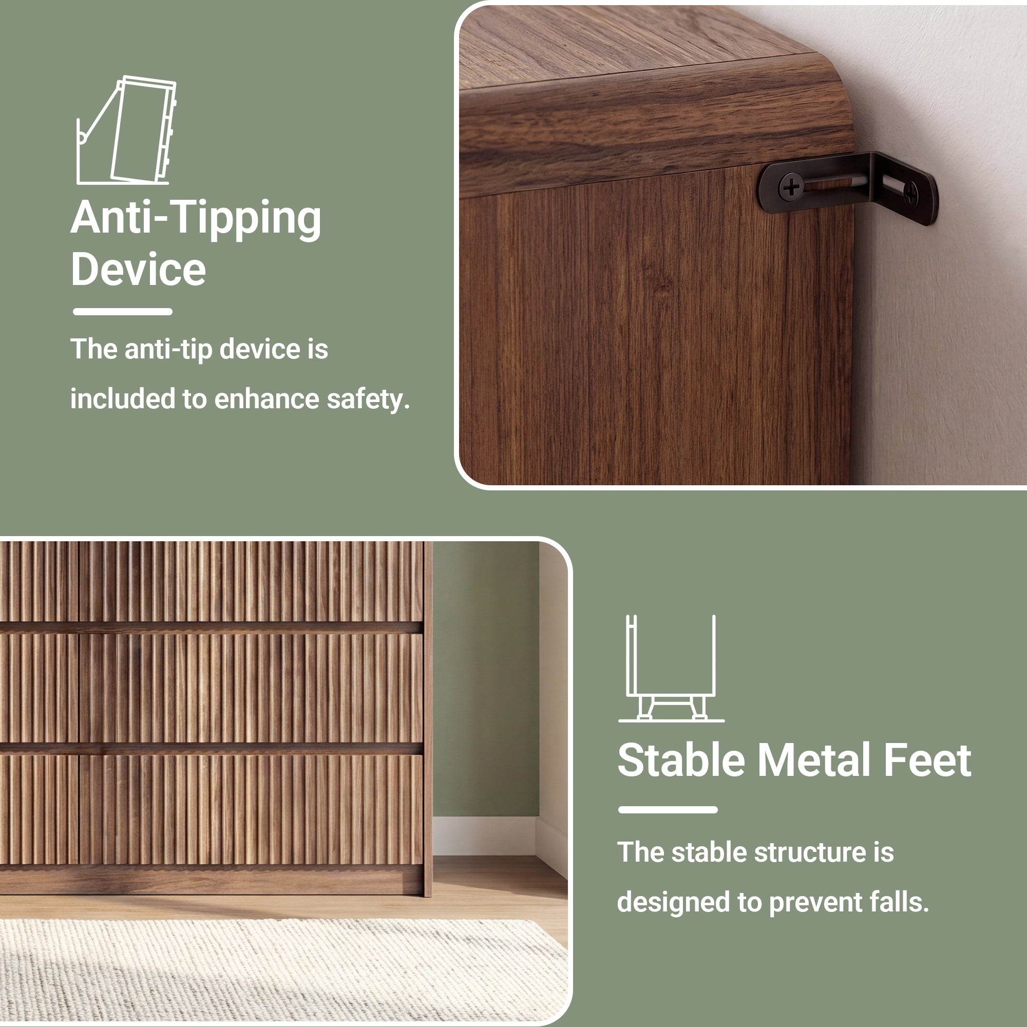 Avelia Fluted Wood Dresser with Curved Anti-Collision Design