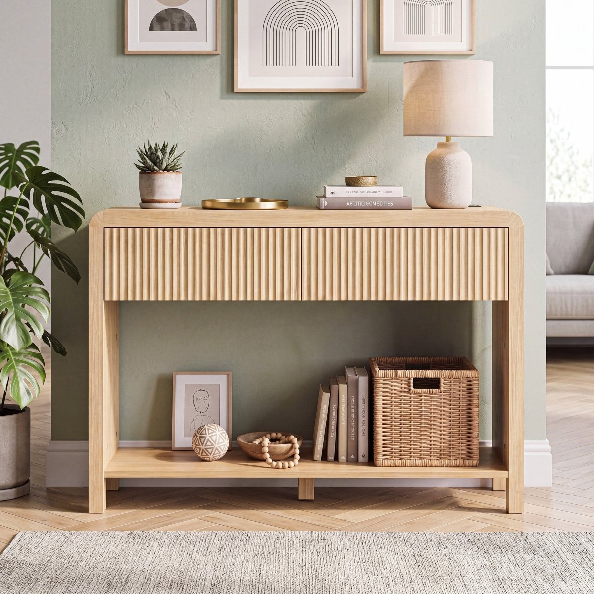 Avelia Fluted Wood Console Table with Built-in Charging Station - Innovar