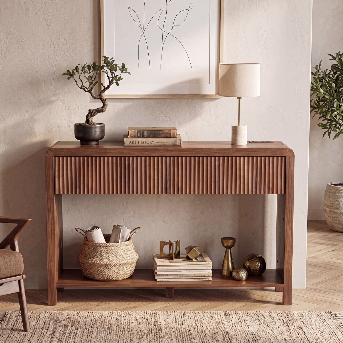 Avelia Fluted Wood Console Table with Built-in Charging Station - Innovar