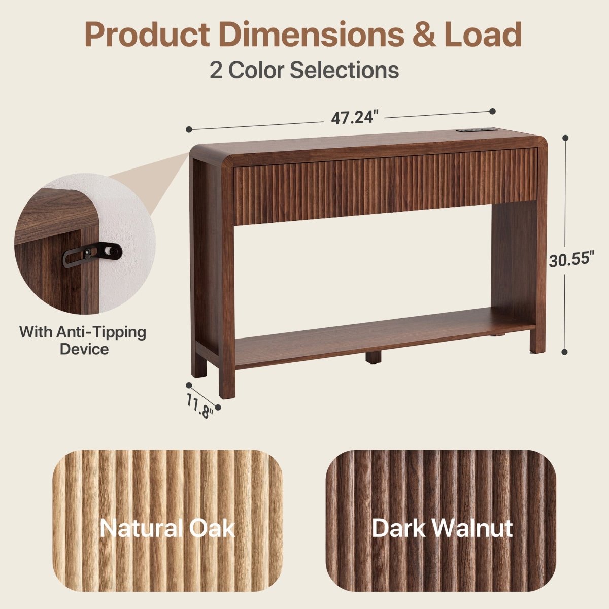 Avelia Fluted Wood Console Table with Built-in Charging Station - Innovar