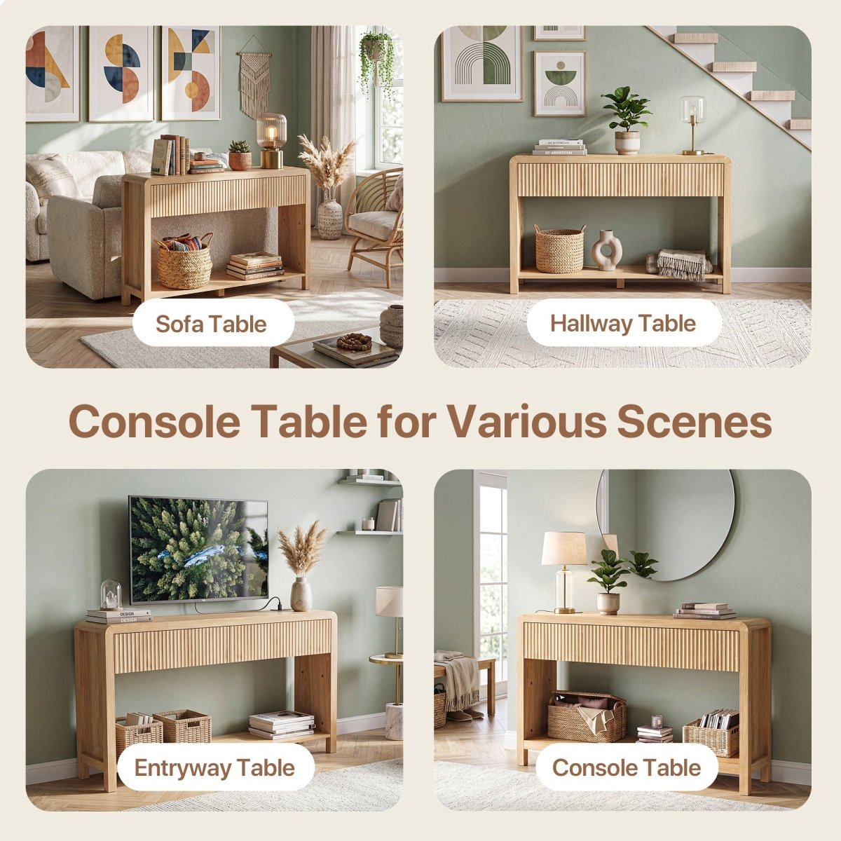 Avelia Fluted Wood Console Table with Built-in Charging Station - Innovar