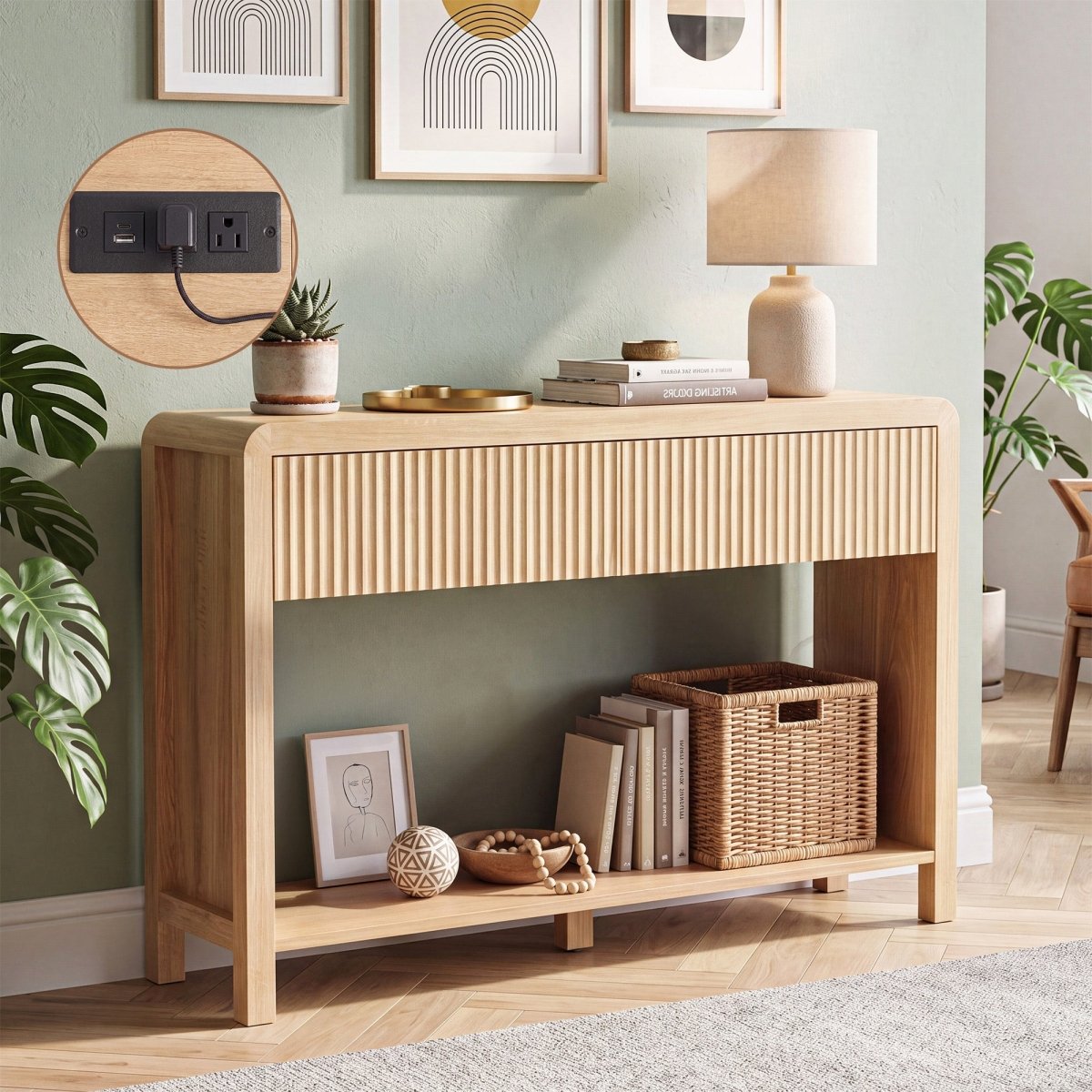 Avelia Fluted Wood Console Table with Built-in Charging Station - Innovar