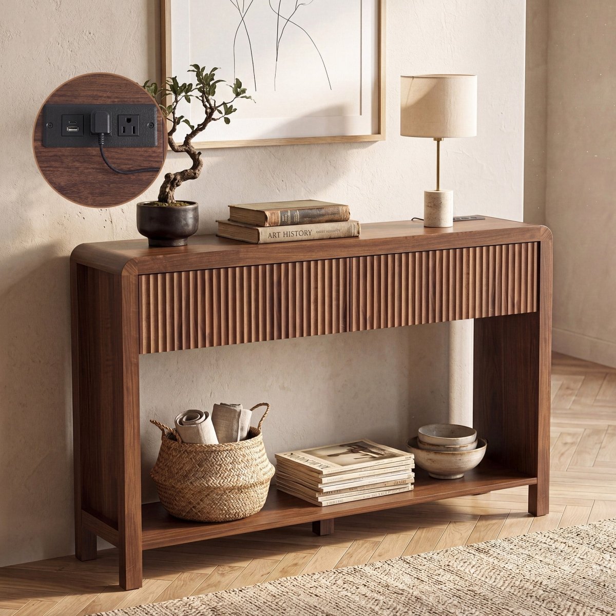 Avelia Fluted Wood Console Table with Built-in Charging Station - Innovar