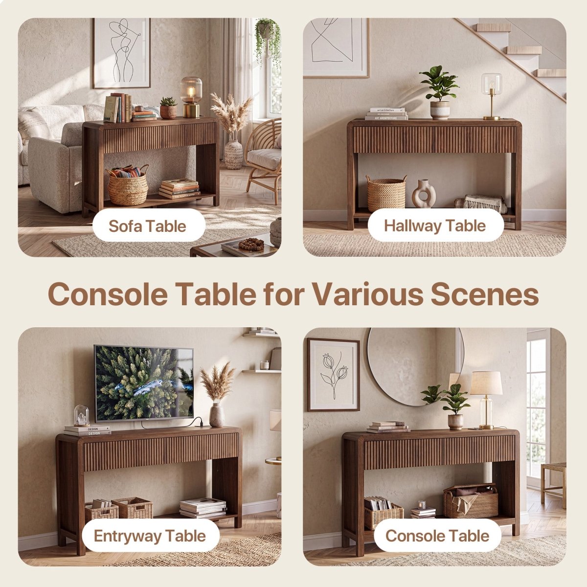 Avelia Fluted Wood Console Table with Built-in Charging Station - Innovar