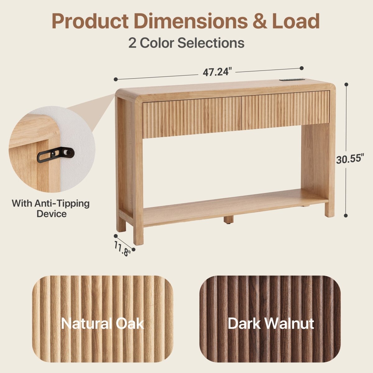 Avelia Fluted Wood Console Table with Built-in Charging Station - Innovar