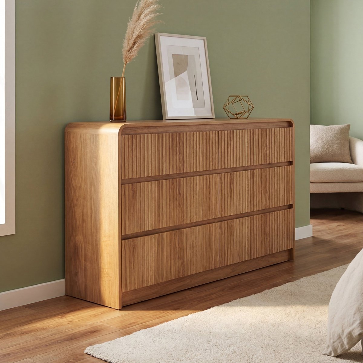 Avelia Fluted Wood Dresser with Curved Anti-Collision Design - Innovar