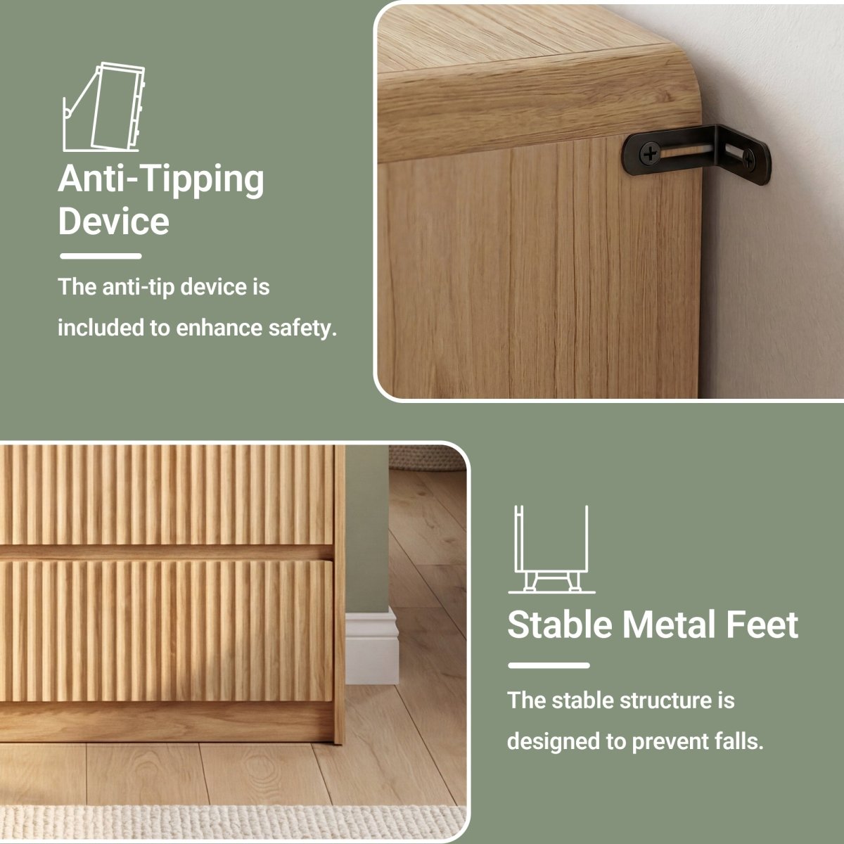 Avelia Fluted Wood Dresser with Curved Anti-Collision Design - Innovar