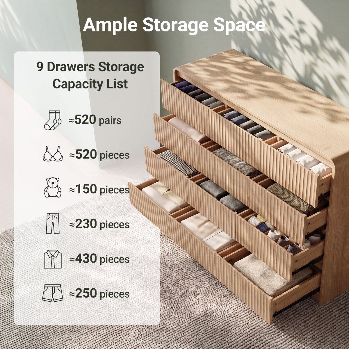 Avelia Fluted Wood Dresser with Curved Anti-Collision Design - Innovar