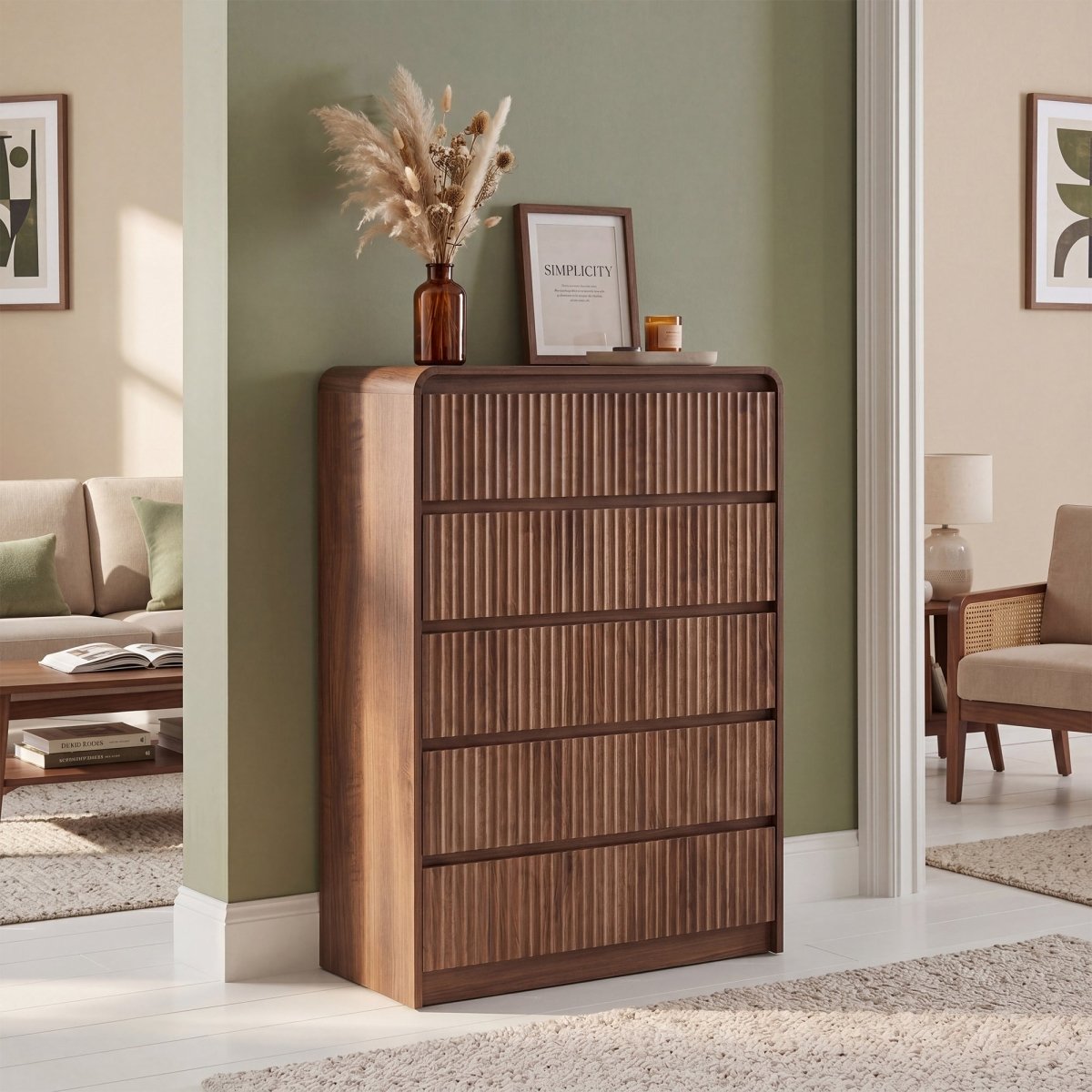 Avelia Fluted Wood Dresser with Curved Anti-Collision Design - Innovar