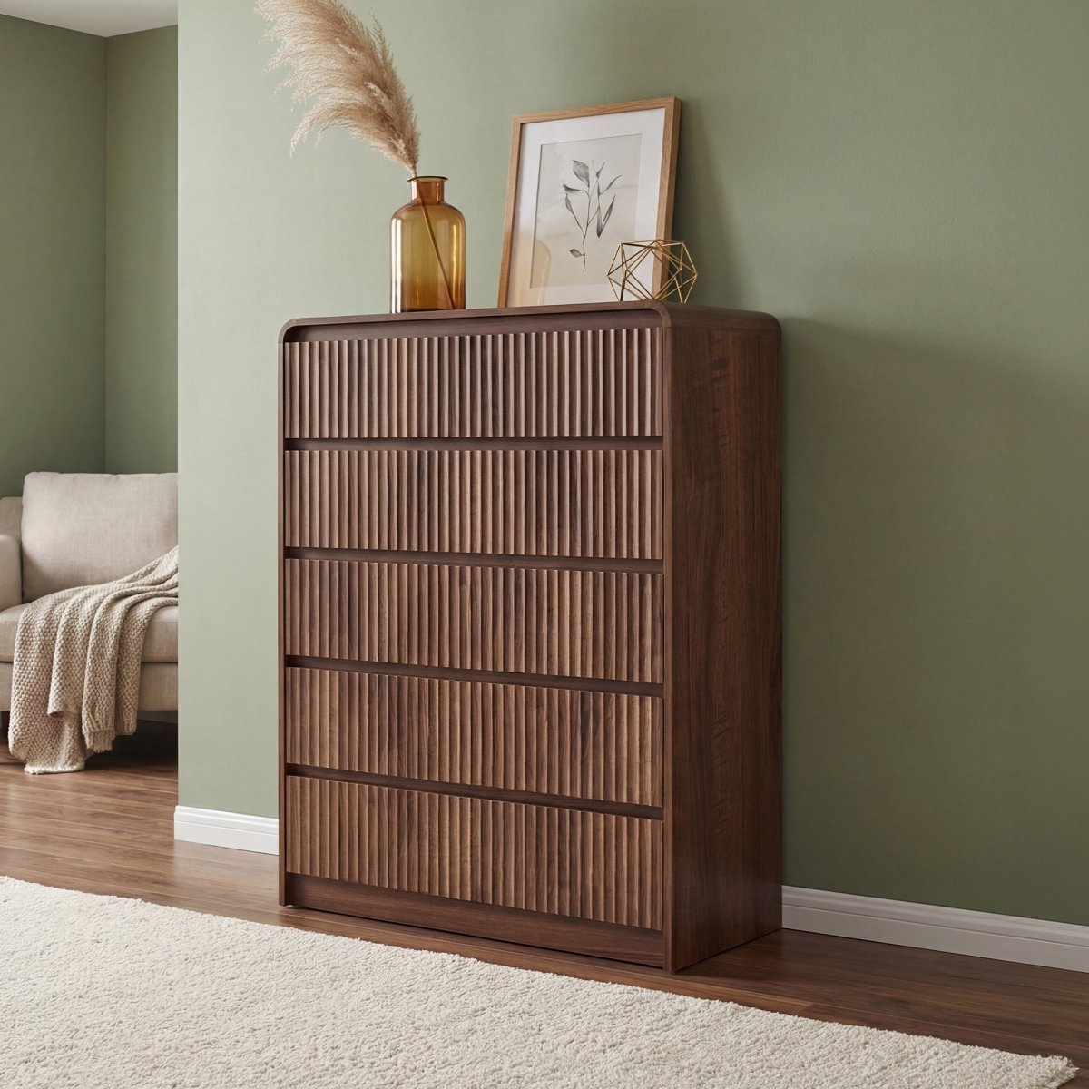 Avelia Fluted Wood Dresser with Curved Anti-Collision Design - Innovar
