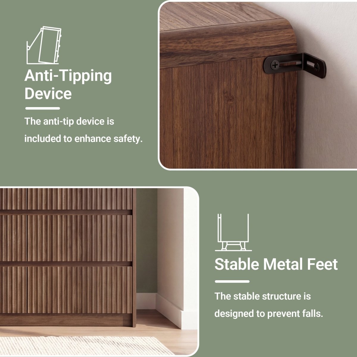 Avelia Fluted Wood Dresser with Curved Anti-Collision Design - Innovar