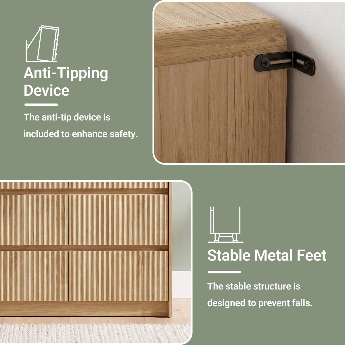 Avelia Fluted Wood Dresser with Curved Anti-Collision Design - Innovar