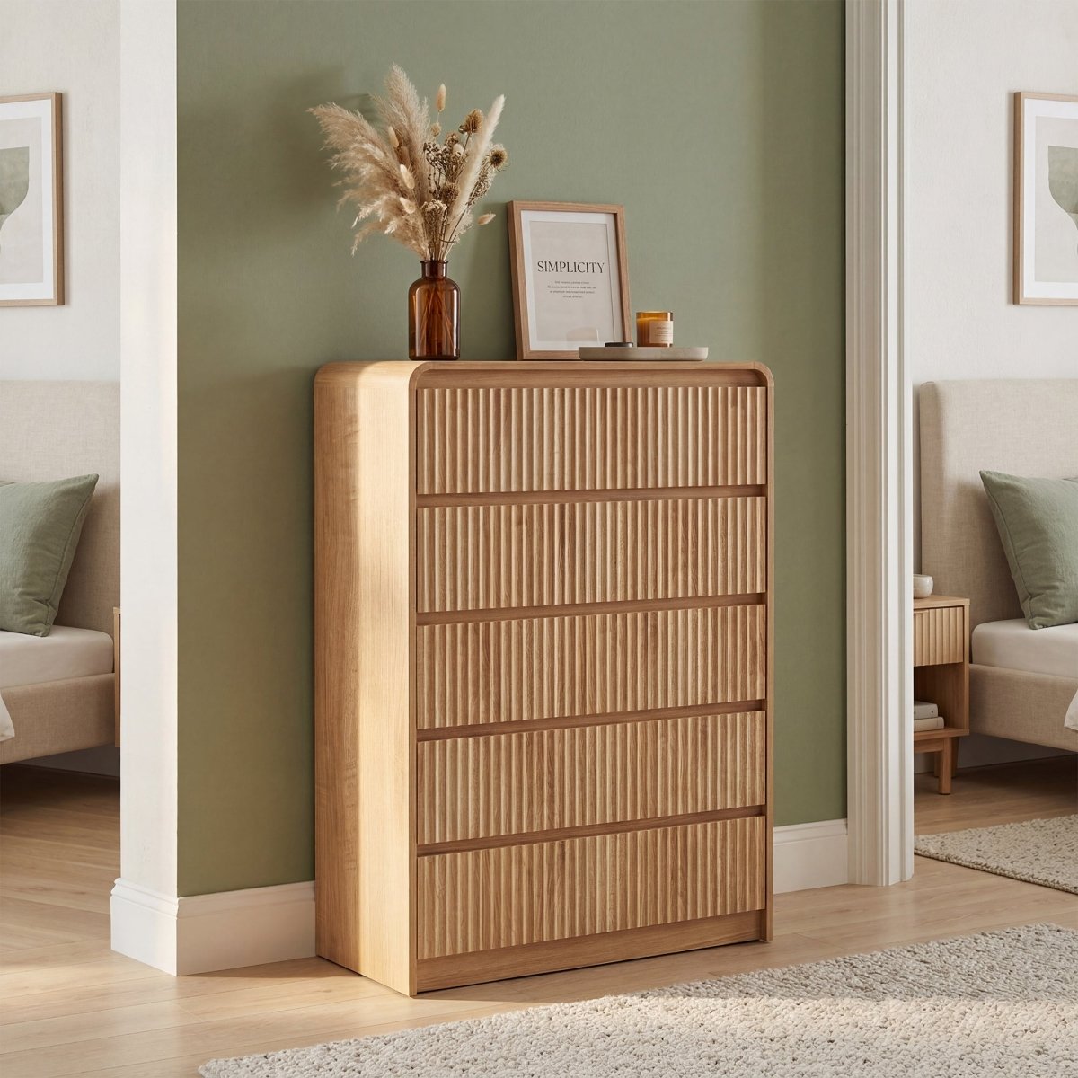 Avelia Fluted Wood Dresser with Curved Anti-Collision Design - Innovar
