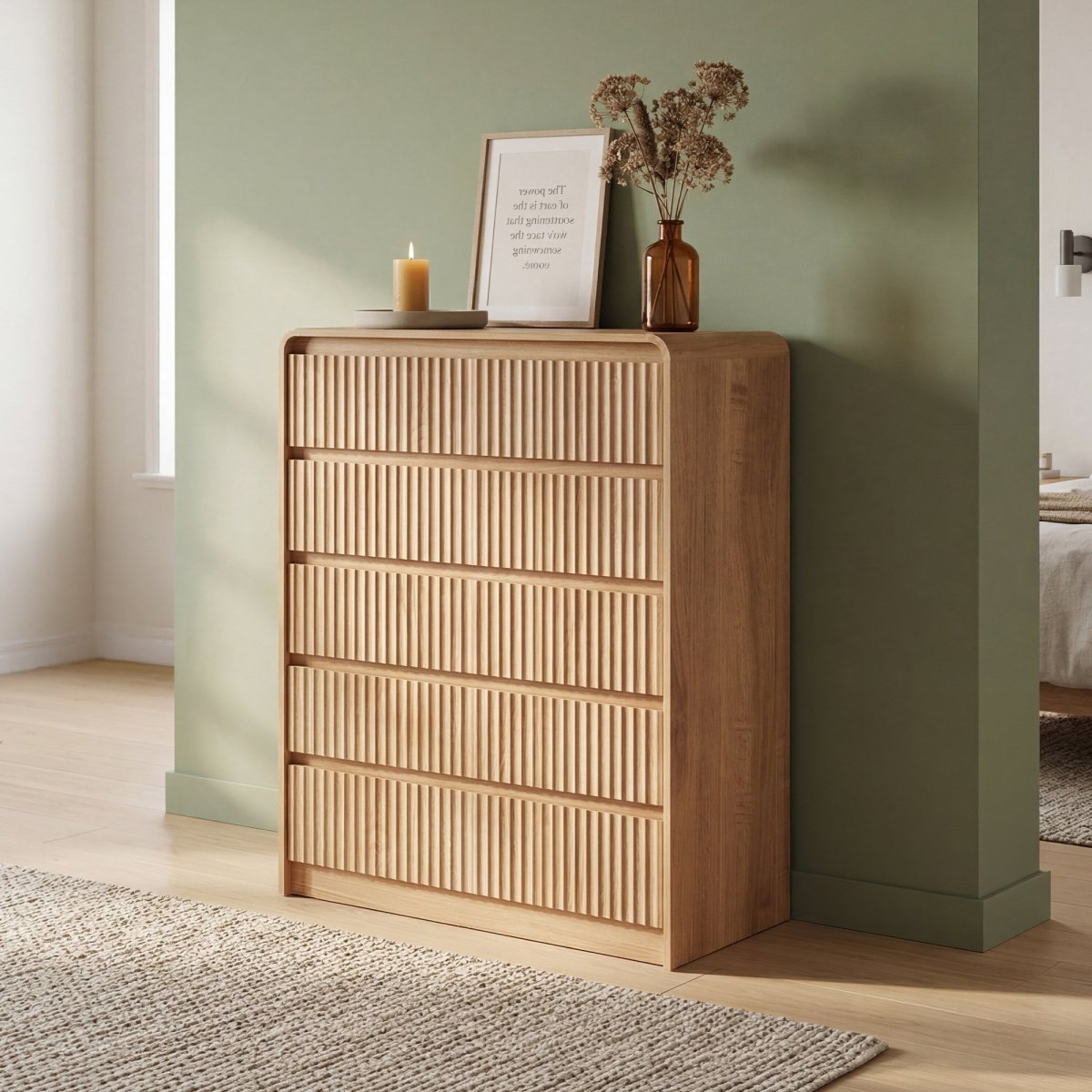 Avelia Fluted Wood Dresser with Curved Anti-Collision Design - Innovar