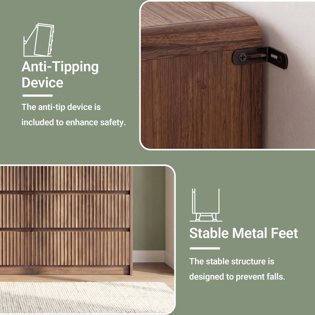 Avelia Fluted Wood Dresser with Curved Anti-Collision Design - Innovar