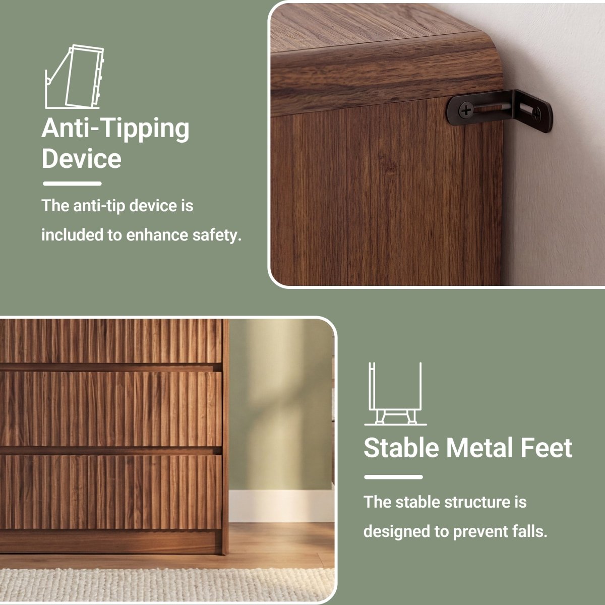 Avelia Fluted Wood Dresser with Curved Anti-Collision Design - Innovar