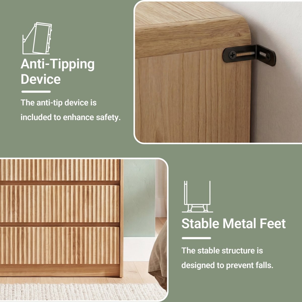 Avelia Fluted Wood Dresser with Curved Anti-Collision Design - Innovar