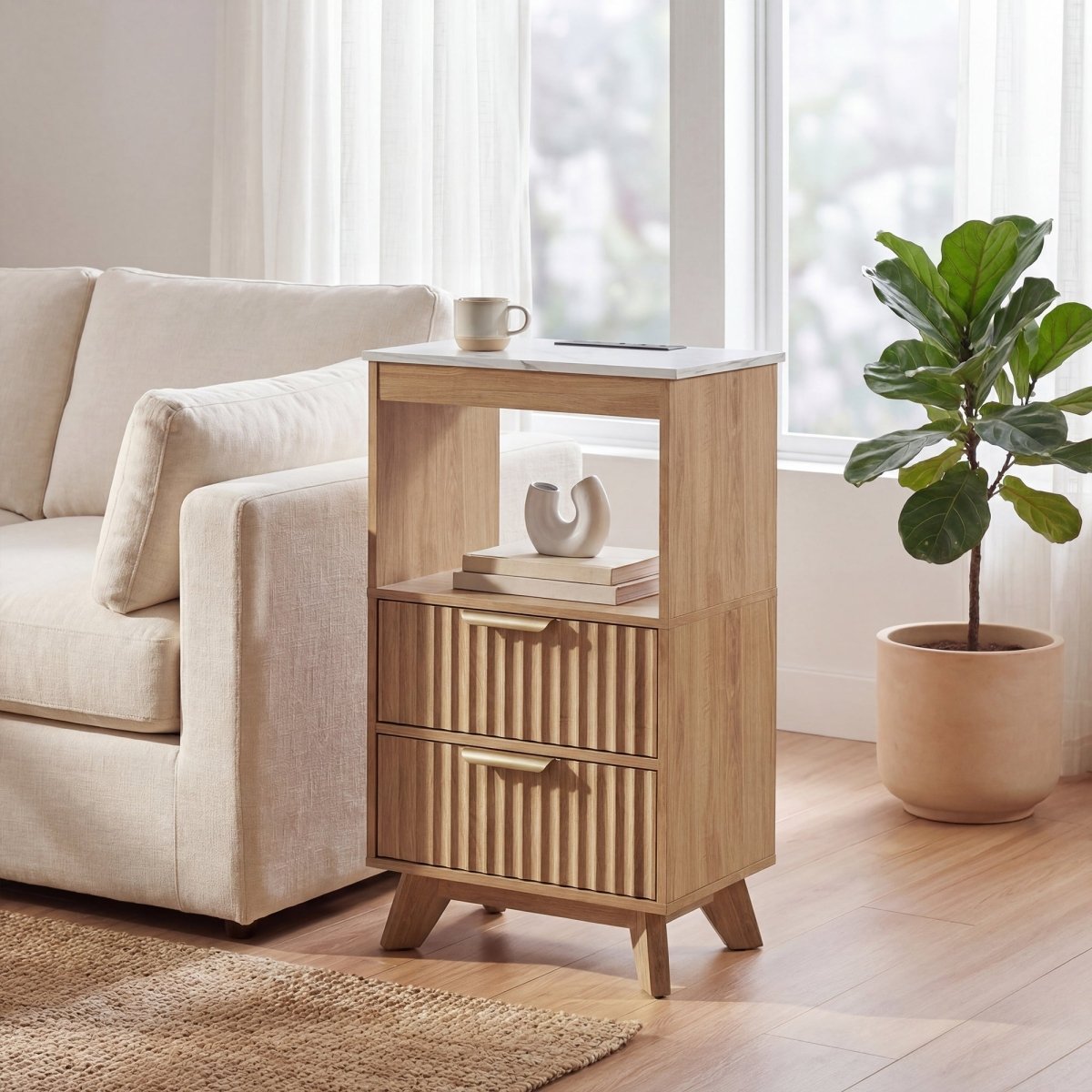 Avelia Fluted Wood Nightstand with Built-in Charging Station - Innovar