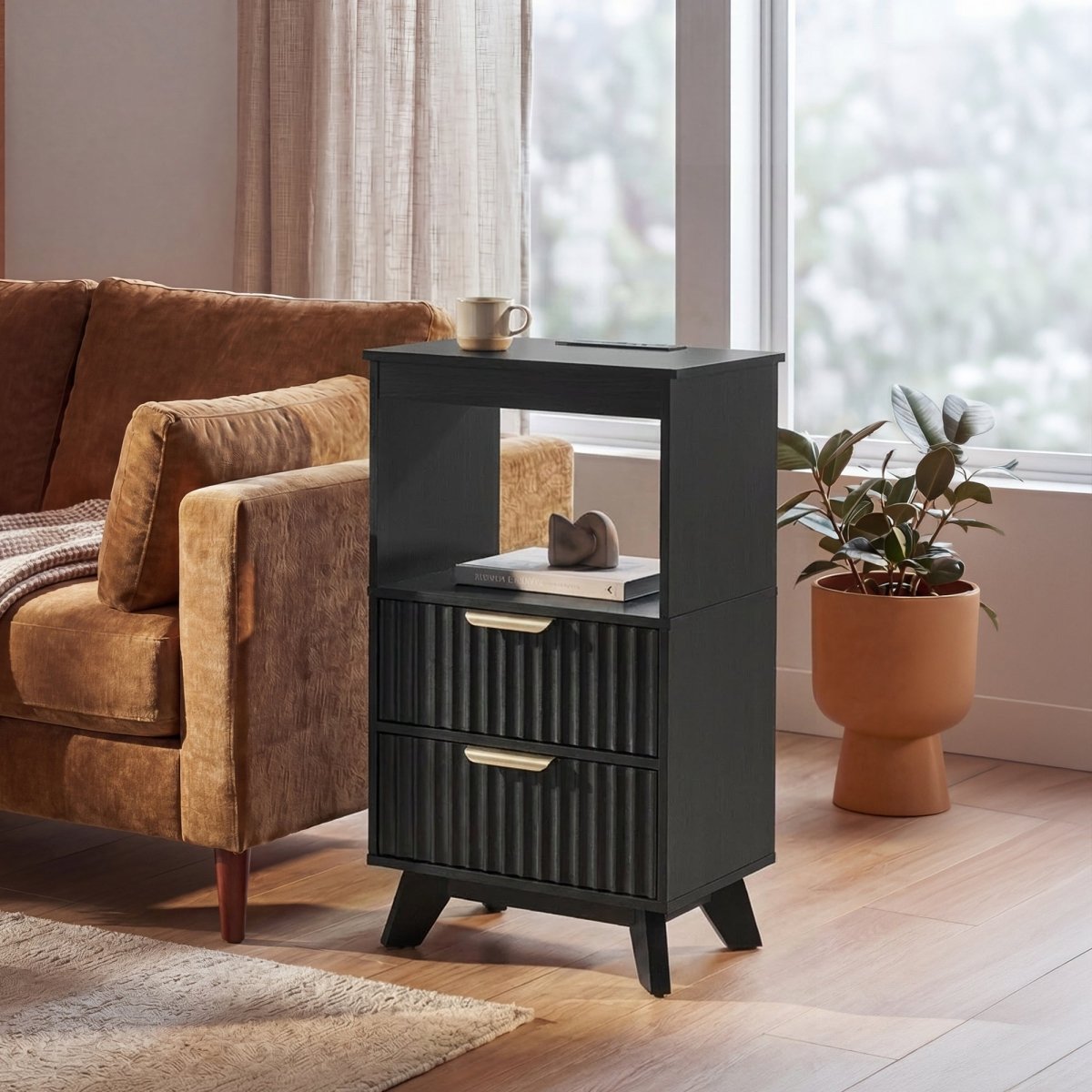 Avelia Fluted Wood Nightstand with Built-in Charging Station - Innovar