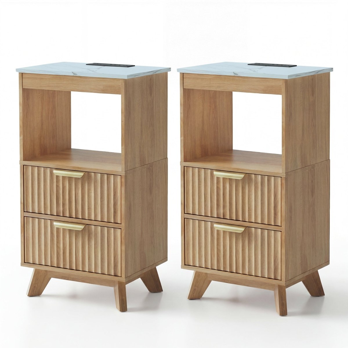 Avelia Fluted Wood Nightstand with Built-in Charging Station - Innovar