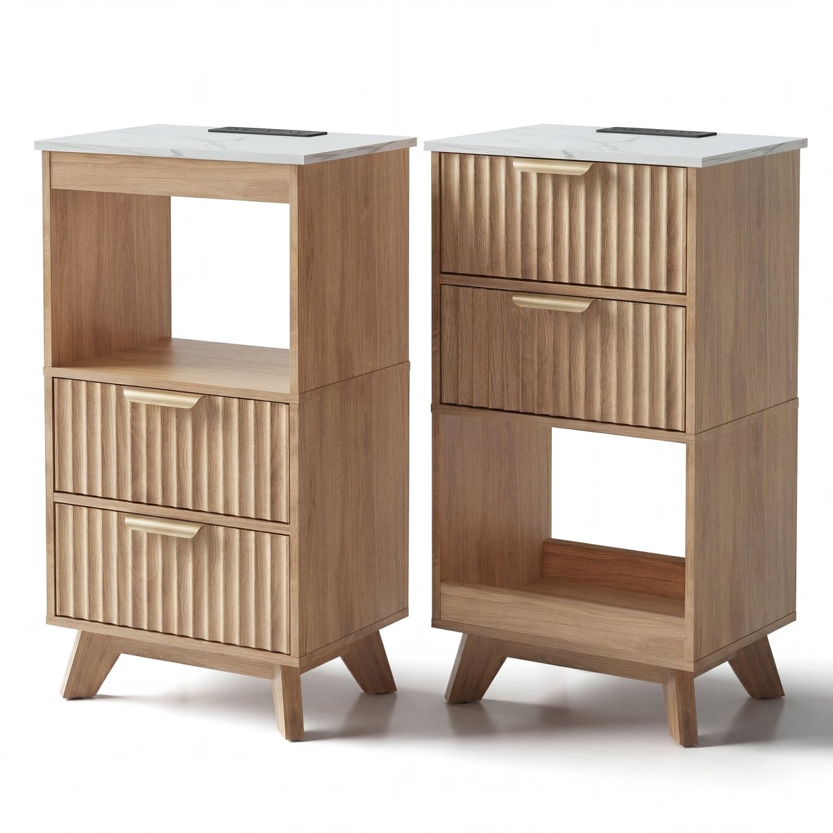 Avelia Fluted Wood Nightstand with Built-in Charging Station - Innovar