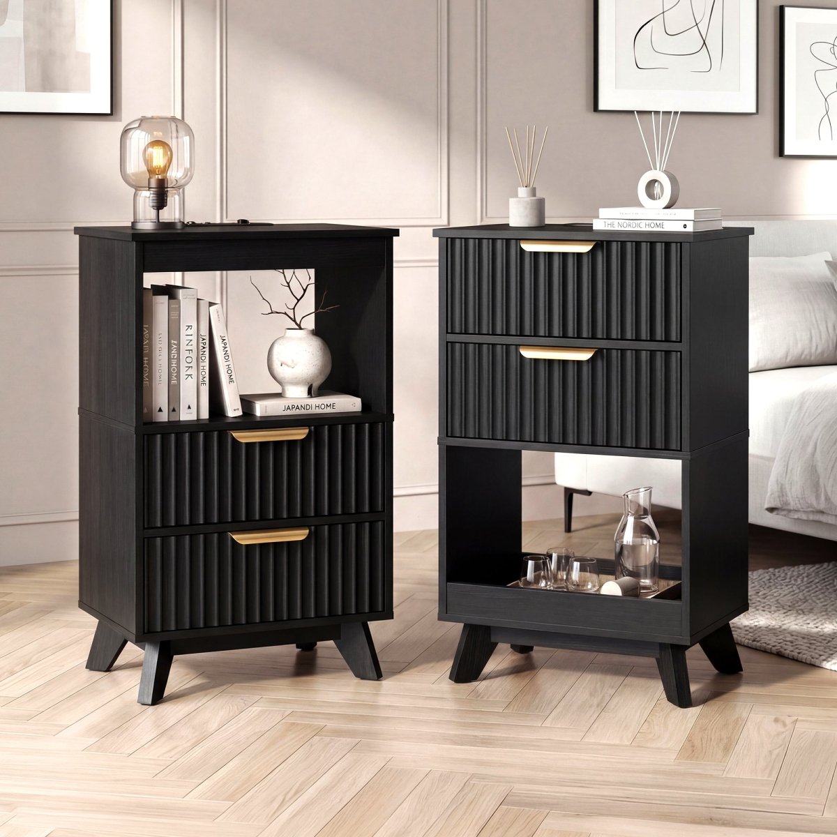 Avelia Fluted Wood Nightstand with Built-in Charging Station - Innovar