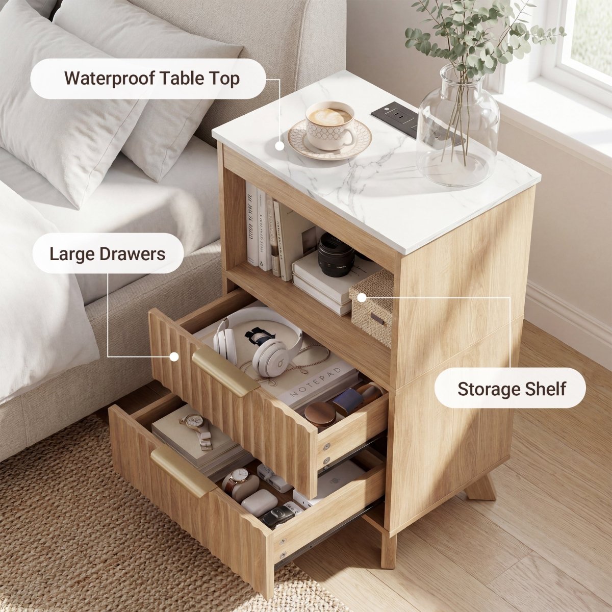 Avelia Fluted Wood Nightstand with Built-in Charging Station - Innovar