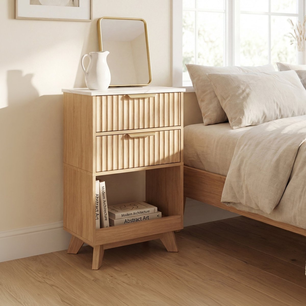 Avelia Fluted Wood Nightstand with Built-in Charging Station - Innovar