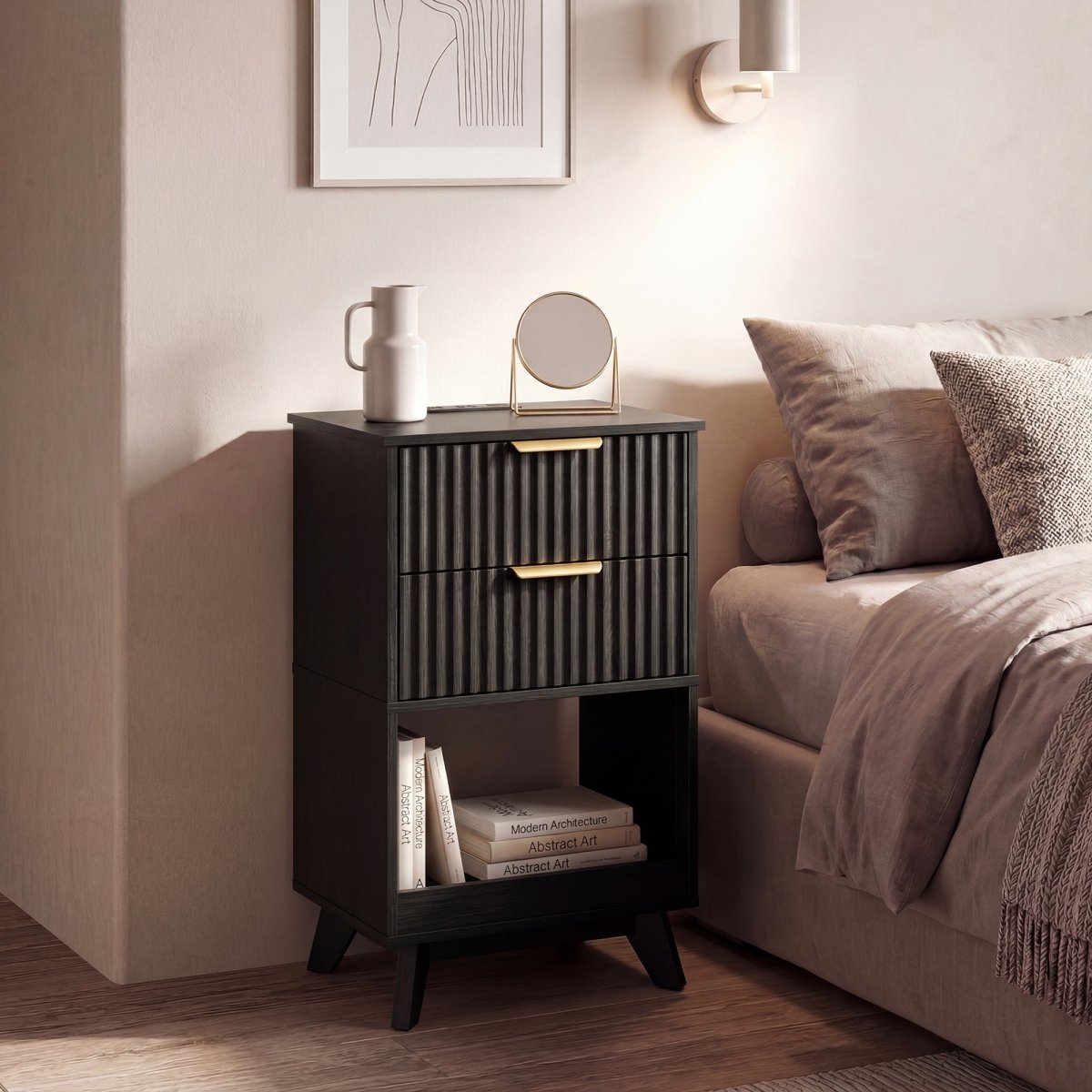 Avelia Fluted Wood Nightstand with Built-in Charging Station - Innovar