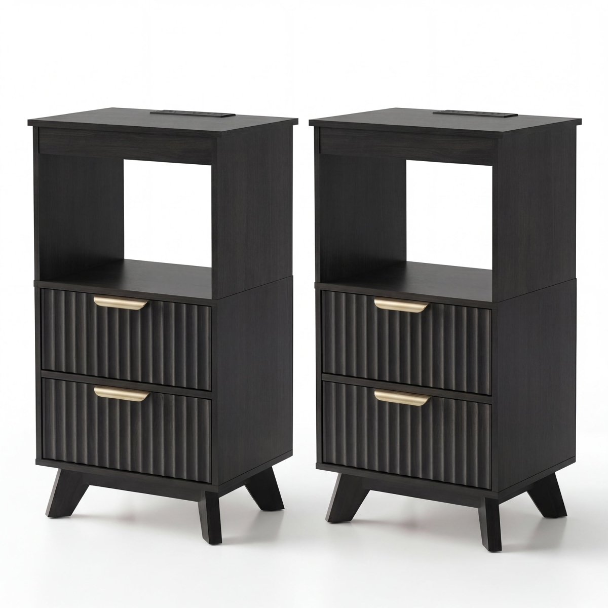 Avelia Fluted Wood Nightstand with Built-in Charging Station - Innovar