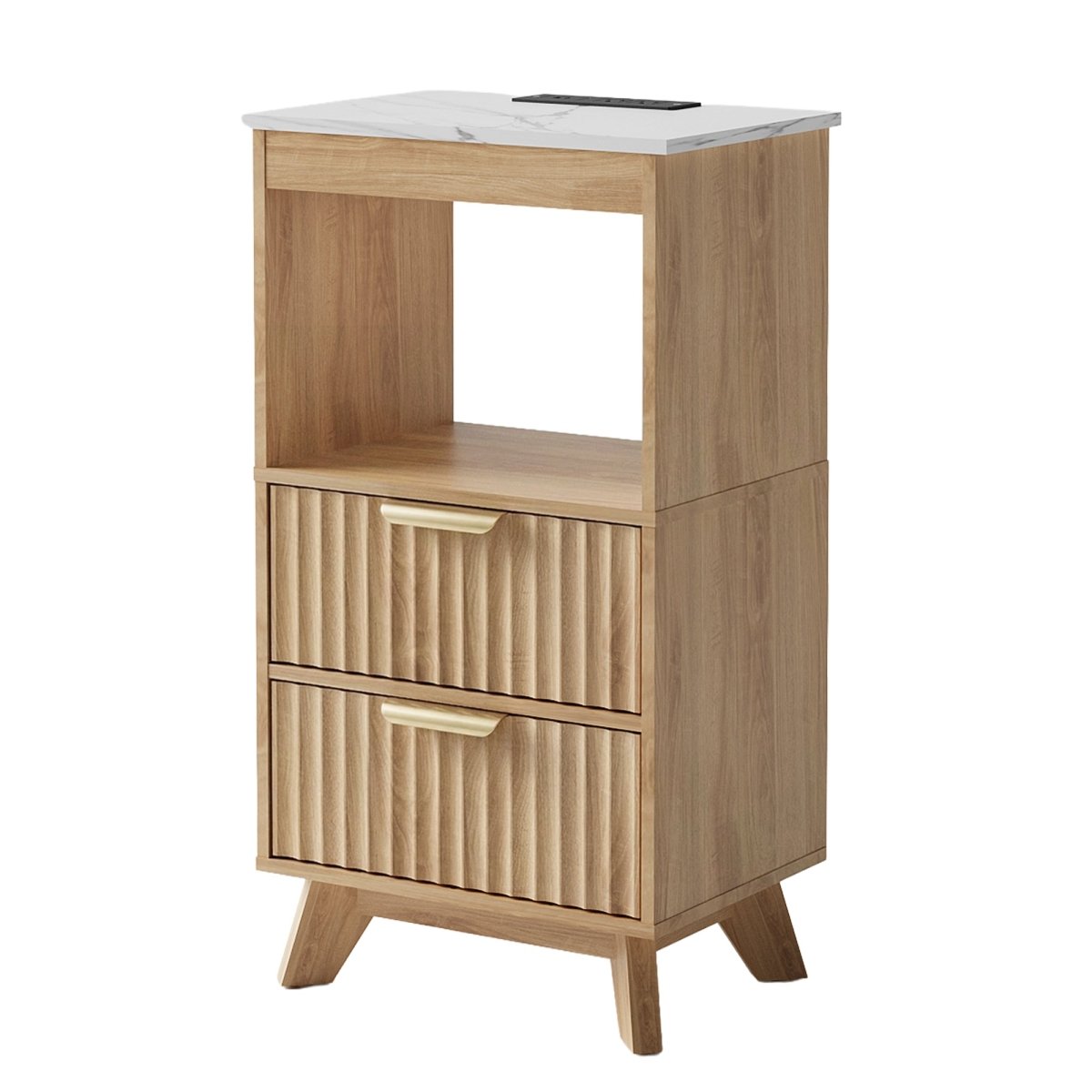 Avelia Fluted Wood Nightstand with Built-in Charging Station - Innovar