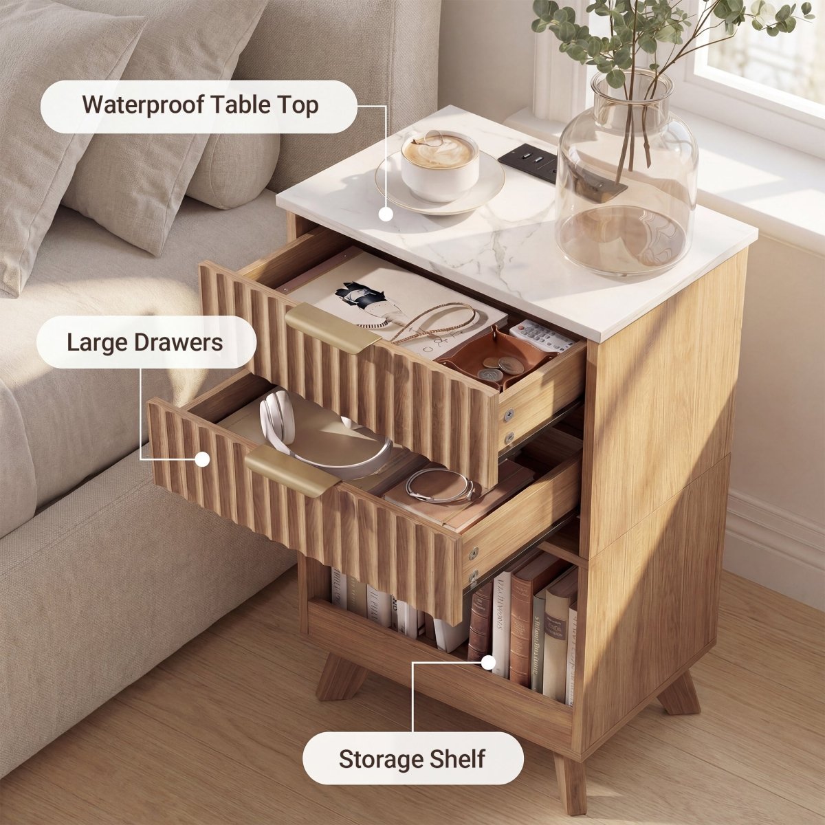 Avelia Fluted Wood Nightstand with Built-in Charging Station - Innovar