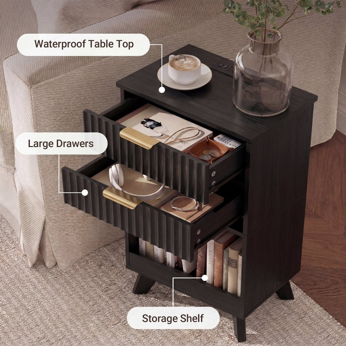 Avelia Fluted Wood Nightstand with Built-in Charging Station - Innovar