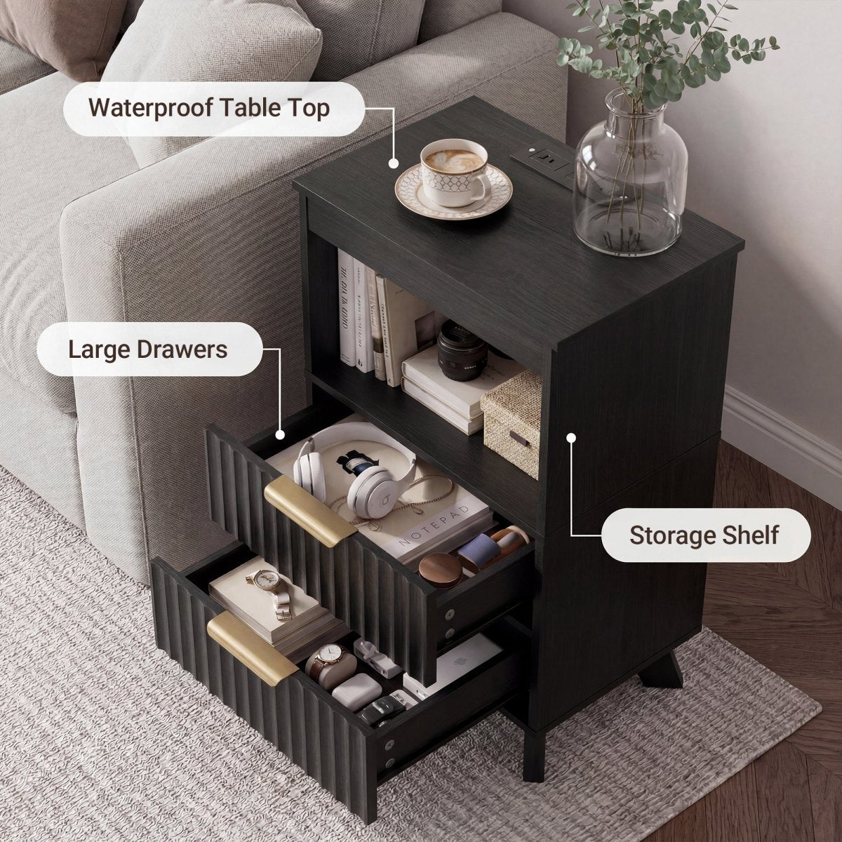 Avelia Fluted Wood Nightstand with Built-in Charging Station - Innovar