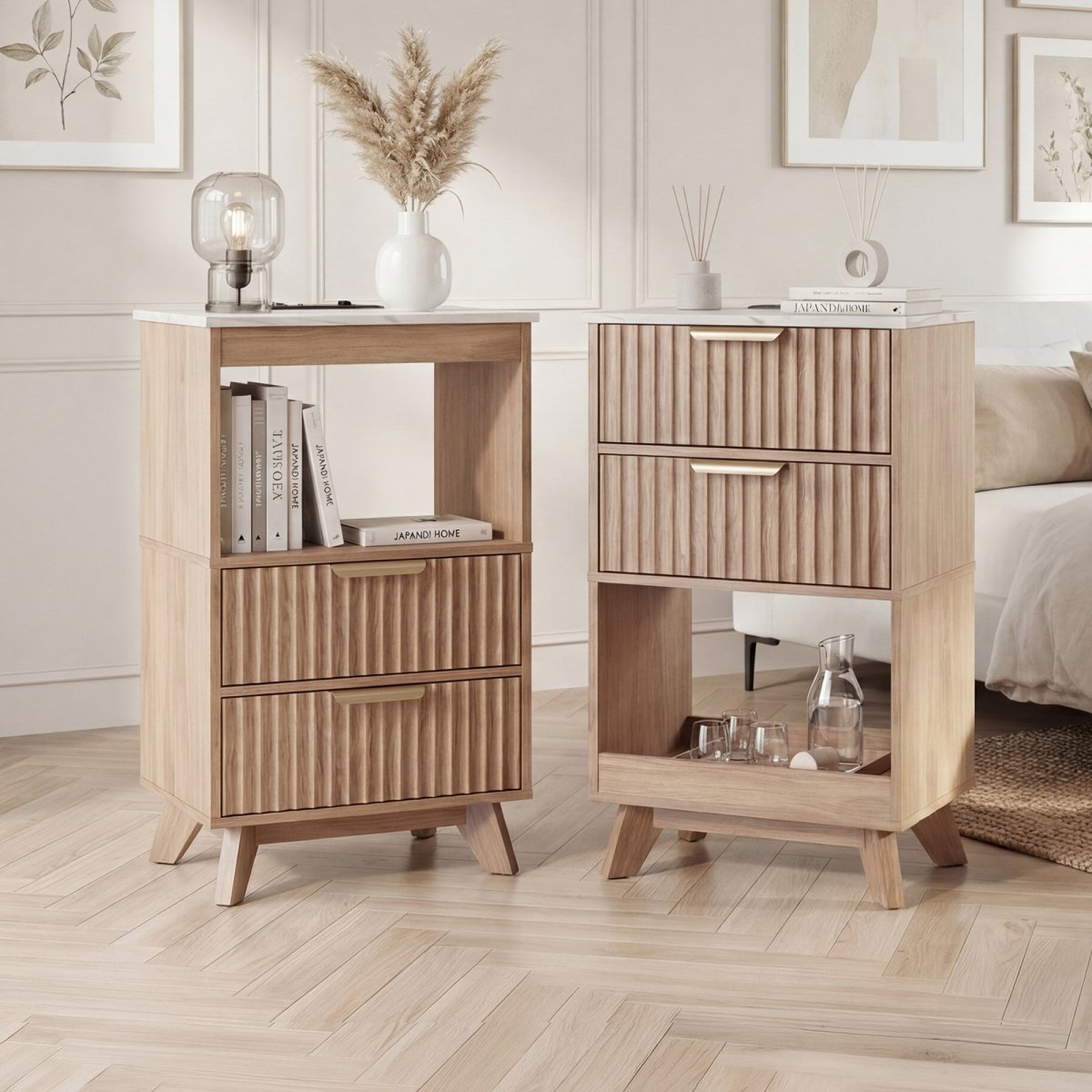 Avelia Fluted Wood Nightstand with Built-in Charging Station - Innovar