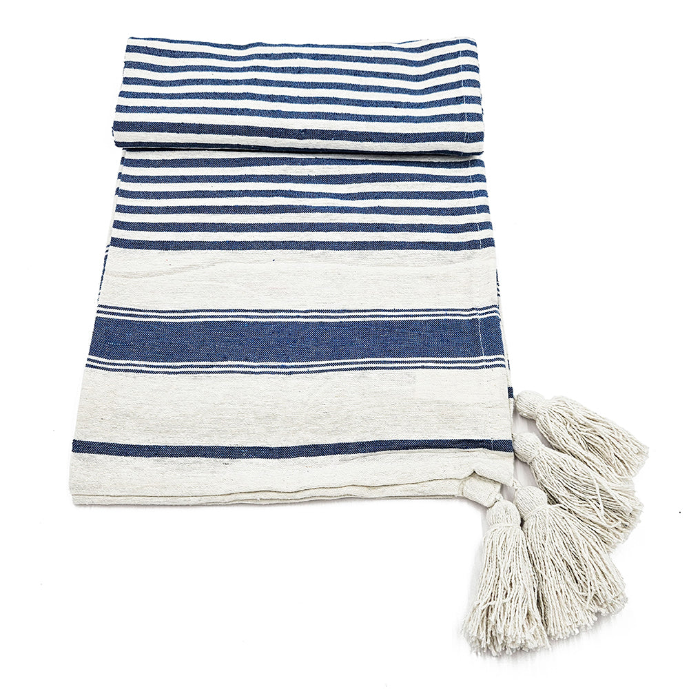 Classic Blue Stripe Tassel Throw