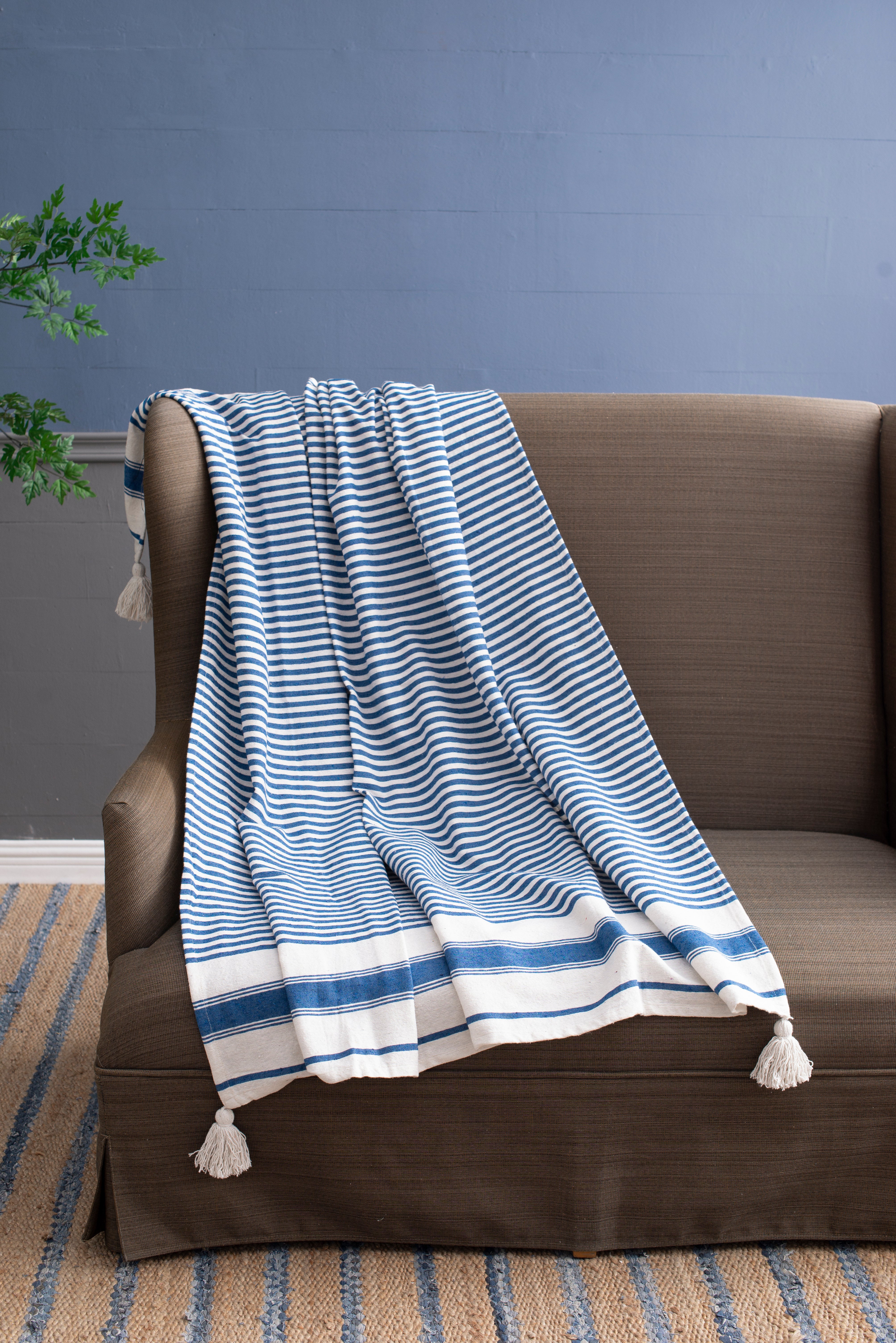 Classic Blue Stripe Tassel Throw