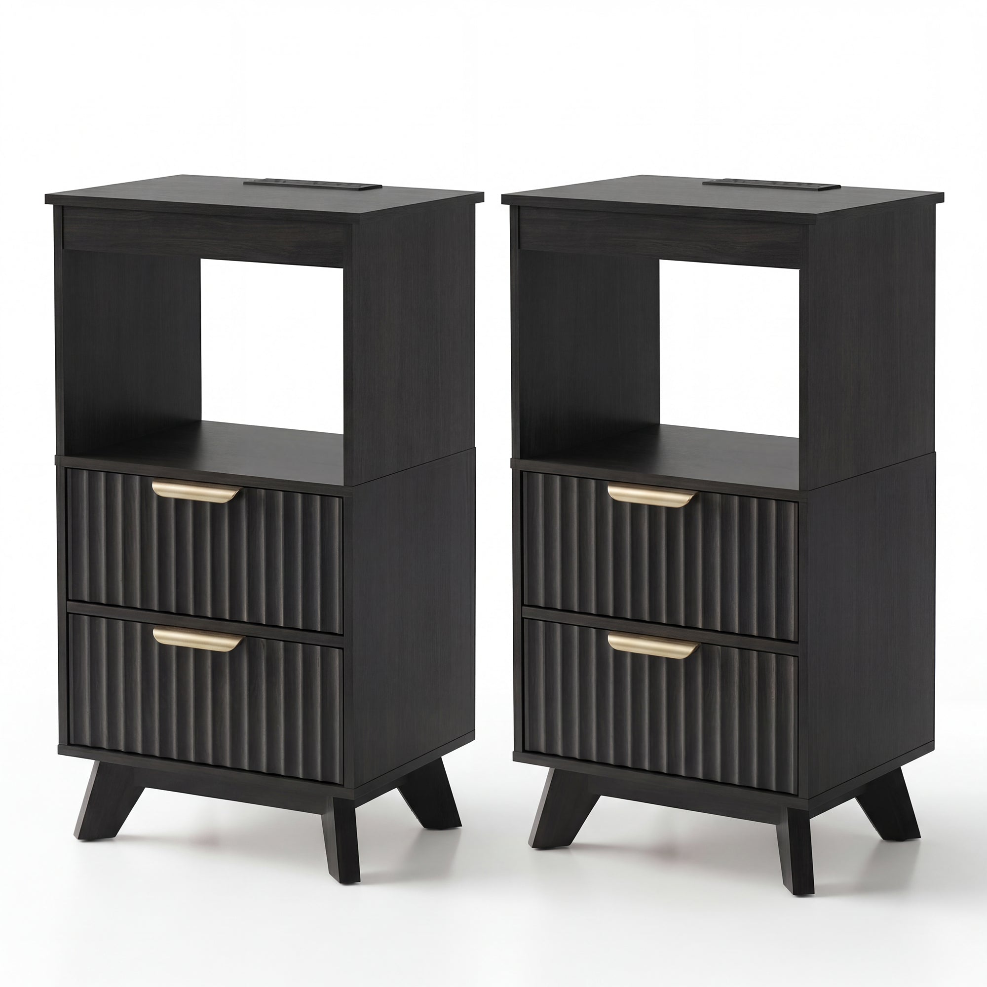Avelia Fluted Wood Nightstand with Built-in Charging Station