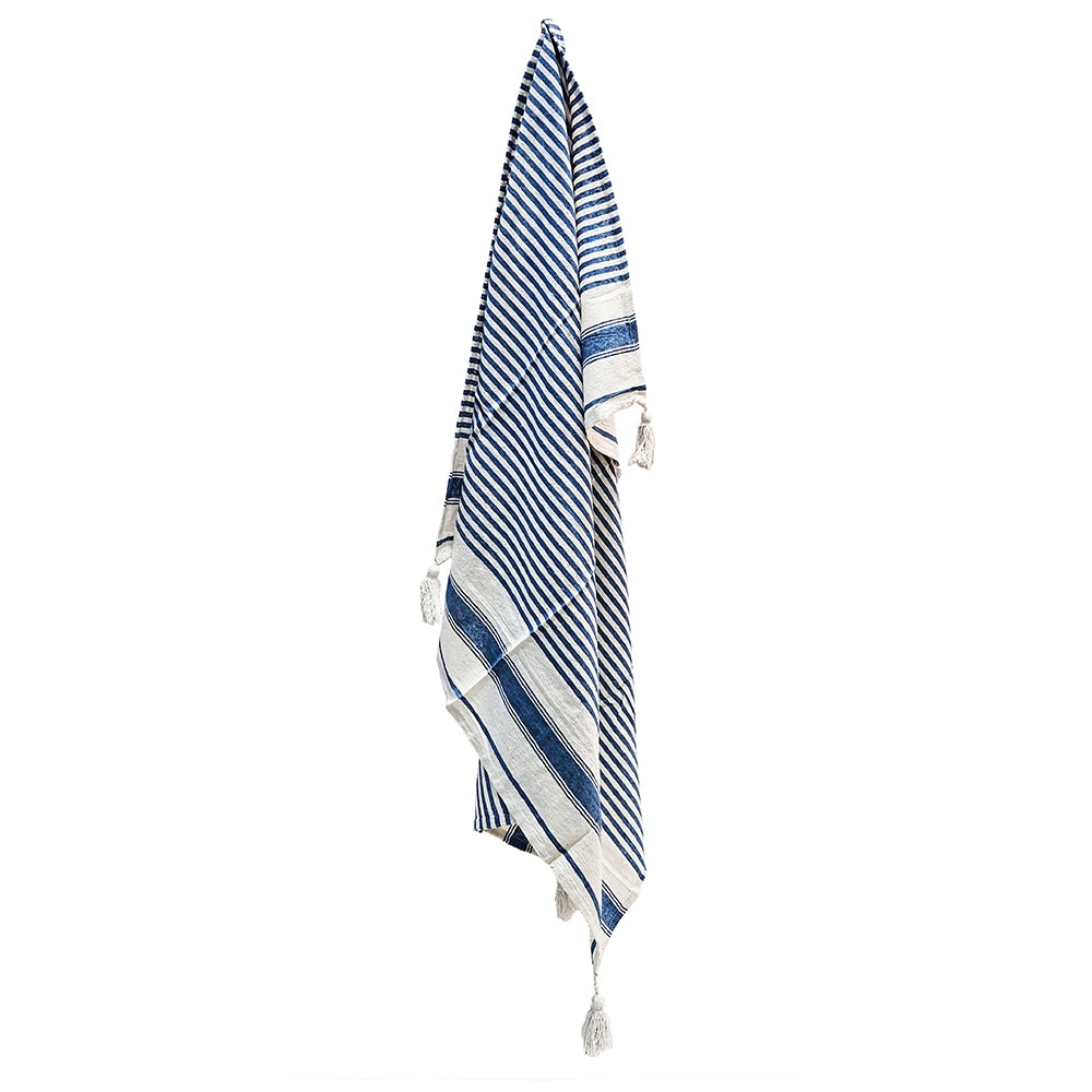 Classic Blue Stripe Tassel Throw