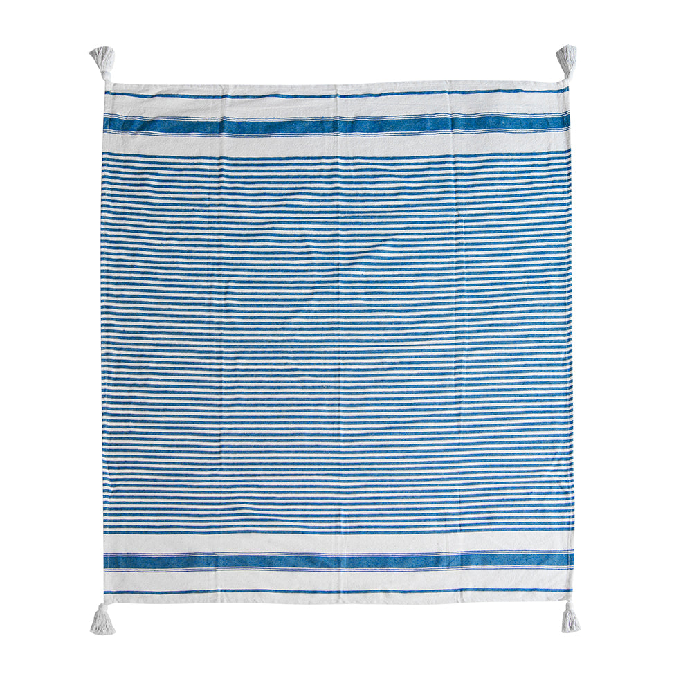 Classic Blue Stripe Tassel Throw